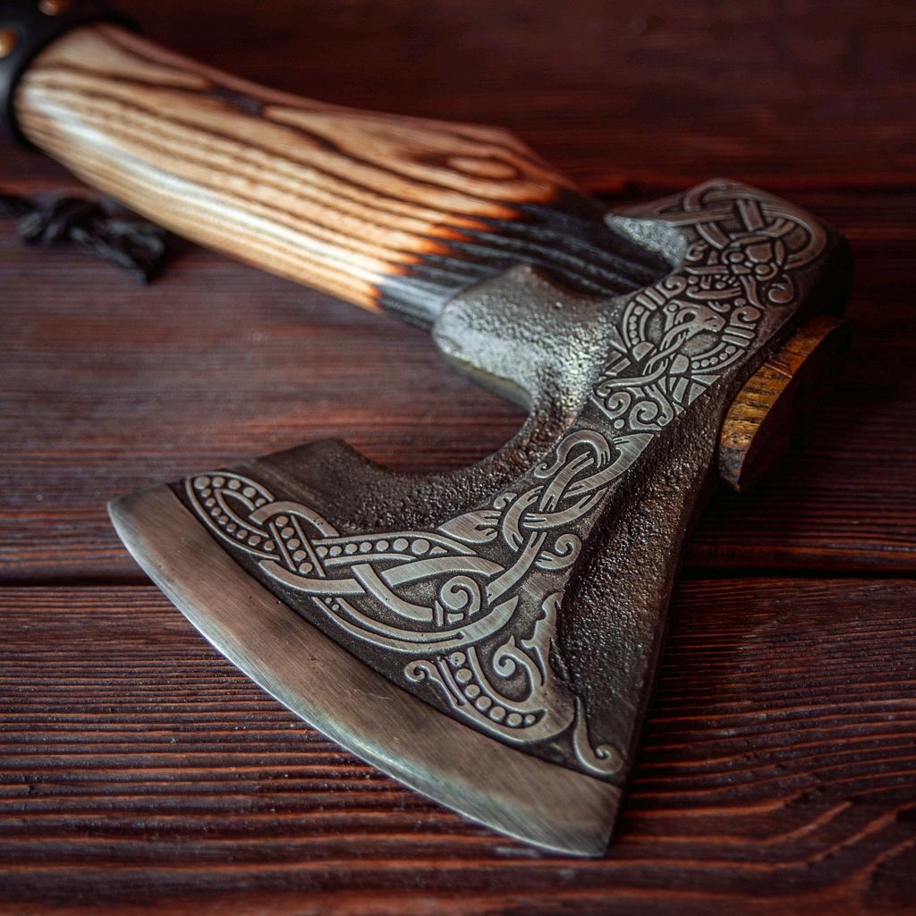 Hache viking en acier, avec gravure et gainage de cuir type L Hache viking en acier, avec gravure et gainage de cuir type L